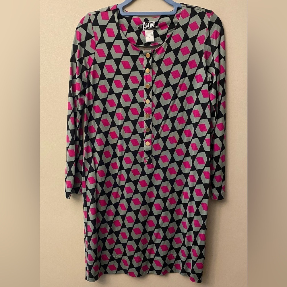 Diane Von Furstenberg 100% silk Pink & Black Geometric Womens Long Sleeve dress